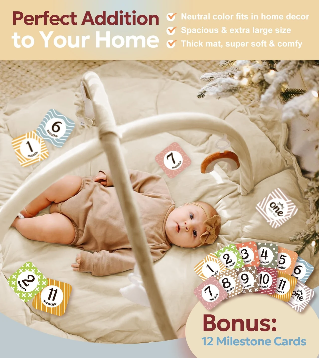 Baby using a Mallify plush play gym on the floor